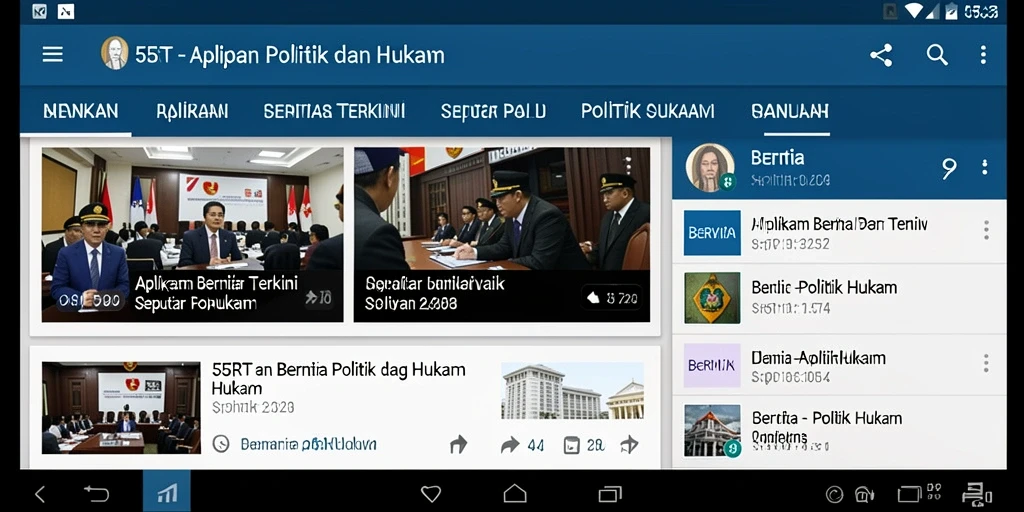 Antarmuka aplikasi 55RT menampilkan berita politik dan hukum terbaru.