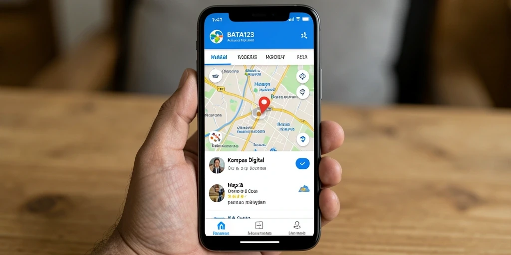 Antarmuka BATA123 menampilkan kompas digital yang intuitif dan informasi cuaca.
