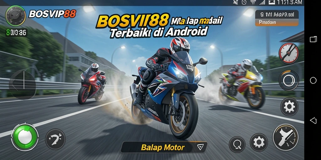 Screenshot antarmuka gameplay BOSVIP88 menampilkan motor balap dan trek yang menantang.